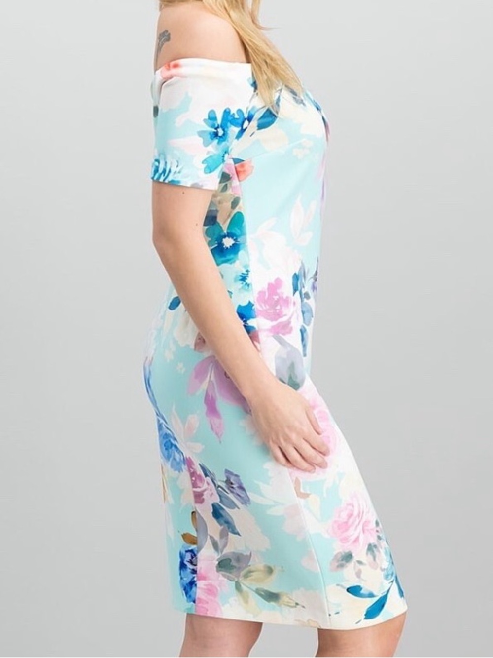 Calvin Klein Pastel Floral Off-Shoulder Floral Scuba‎ Dress Size 4